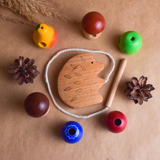 Wooden Lacing Toy Hedgehog, Montessori Baby Materials Educational Learning for Kids, Children Early Development, Unique Handmade First Birthday Gift for Boys and Girls