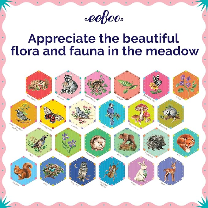 eeBoo Life in a Meadow Memory & Matching Game, Ages 3+, 1-4 Players | Introduces woodland flora & fauna. Sharpens recognition, concentration & memory skills. Includes 48 hexagonal tiles, 24 pairs