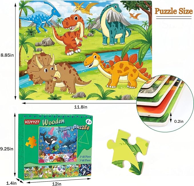 Puzzles for Kids Ages 4-8, Wooden Jigsaw Puzzles 48 & 60 Pieces, 6 Pack | Colorful Toddler Puzzle Set, Educational Learning Toys, Birthday Gifts for Boys Girls