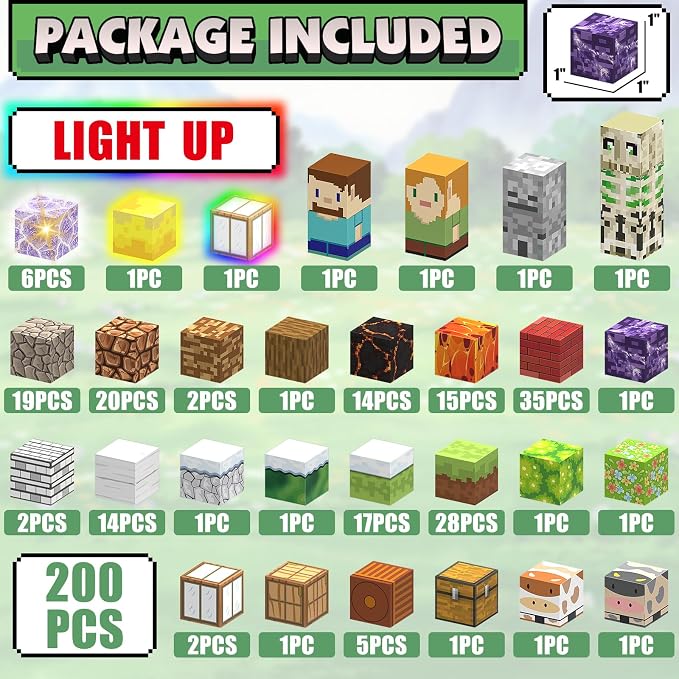 200pcs Magnetic Blocks for Boys Girls 3+, Magnetic Building Blocks Cubes | STEM construction toys, 1 inch magnet cubes with light, educational building & screen-free, birthday gift for kids 4-8