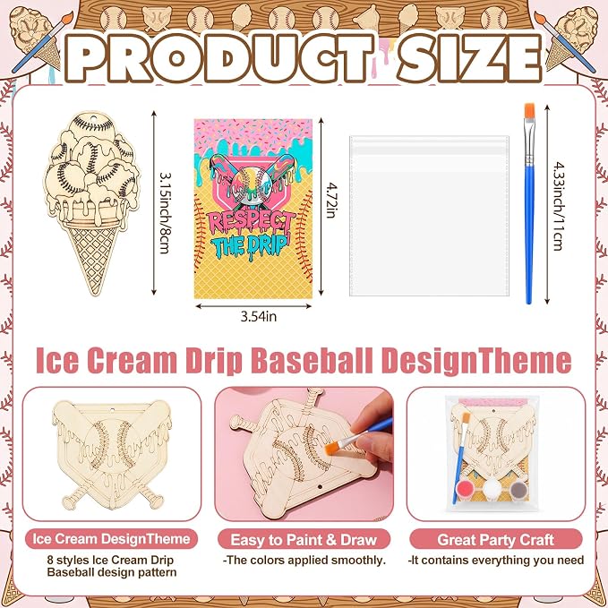 Saypacck 24 Pcs Ice Cream Drip Baseball Party Favors Wooden Paint Craft Kit | Birthday Party Supplies with Paint Brushes, Wooden Craft for Goodie Bag Fillers, Thank You Gifts with Organza Bags