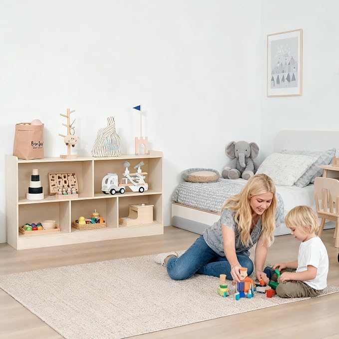 Montessori Book and Toy Shelf for Kids, 5-Section Organizer, Birch Plywood | Open Shelving with Customizable 5-Section Layout for Kids Room, Playroom, Classroom, Books, and Toys