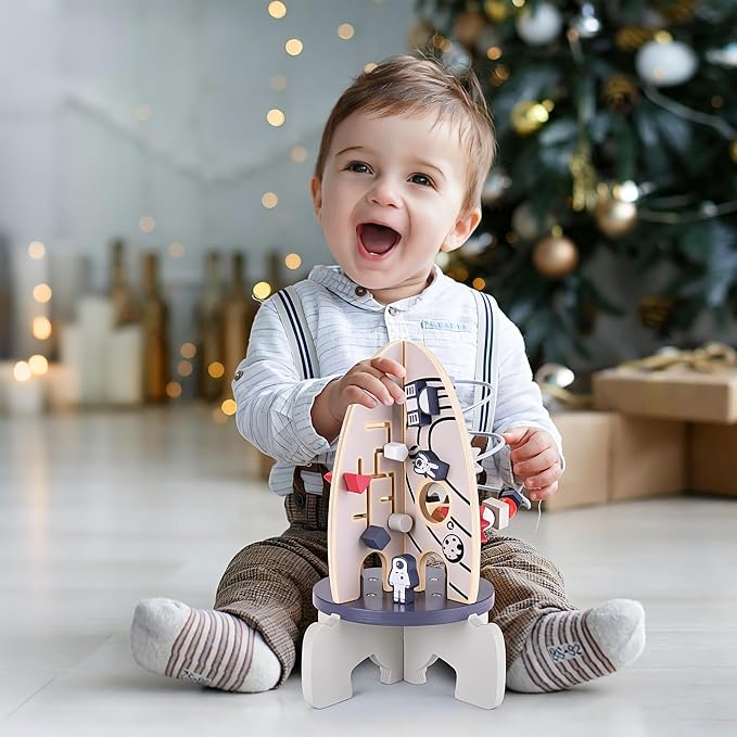 Wdmiya Space Wood Activity Cube Toy for Baby, Montessoritoys for 1 Year Old | Boy & Girl Birthday Gifts, Sensory and Educational 1st Birthday Gifts, Busy Board Toys for Baby Boy 6-18 Months (Rocket)