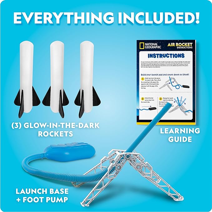 National Geographic Glow in the Dark Air Rocket Launcher Toy for Kids 8-12 | Glow-in-the-Dark Foam Rockets, Launches Up to 100 Feet, Adjustable Base, Outdoor STEM Activity, Backyard Play, Birthday Gift