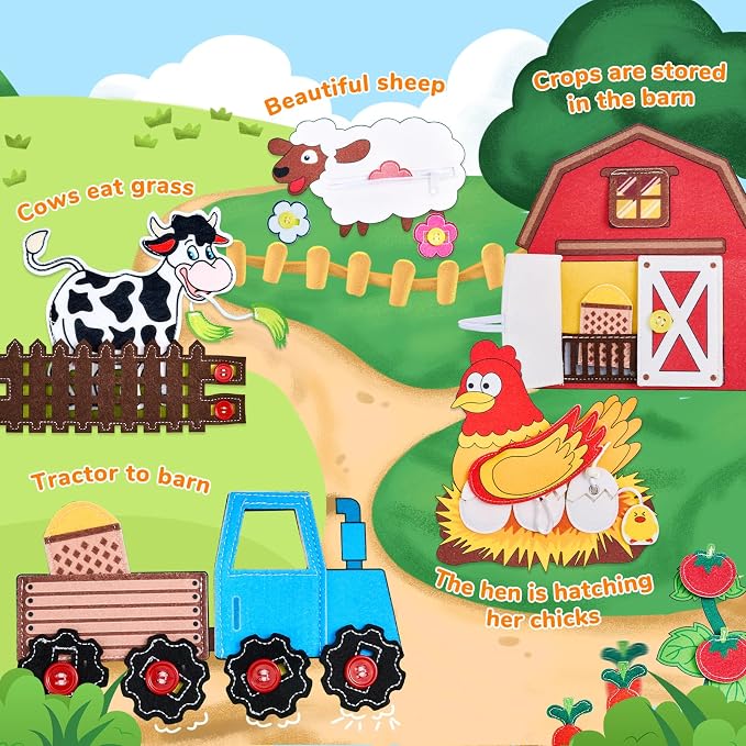 JoyCat Farm Busy Book for Toddlers 1-3, Montessori Quiet Book 15 Activities | 15 daily life activities in a farm busy book encourage hands-on learning, fine motor skills and screen-free play at home