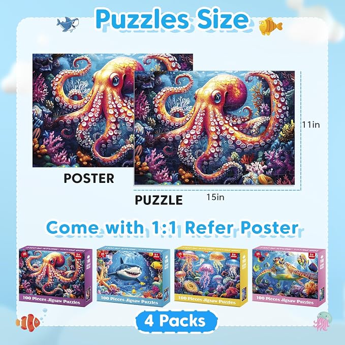 4 Pack 100 Piece Puzzles for Kids Ages 4-8 | Large Piece Kids Puzzles Ages 4-10, Ocean Theme Jigsaw Puzzle Toy, Educational Family Learning Gift for Boys Girls