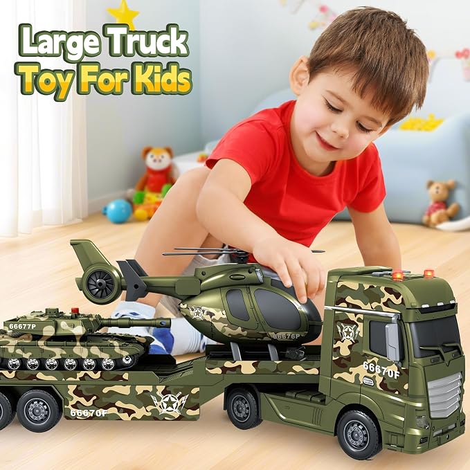 Bstoyder Toddler Boy Toys for 3 4 5 6 7 Years Kids, 25" Semi Army Truck Toy with Helicopters and Tank, Friction Powered Military Toys with Lights and Sounds, Birthday for Boy Girls