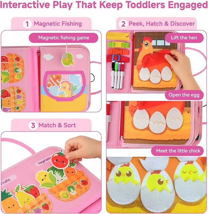 Montessori Busy Book Toy for 1 2 3 Year Old Girl Gifts, Learning Educational Toy for Toddlers 1-3, Fine Motor Skill Toy & Car Travel Activity Book, Birthday Gift for 1-2 Year Old Girl