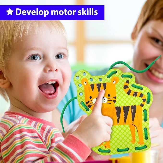 KRAFUN Safari Animal Beginner Lacing Cards Age 3+ | 5 Projects | 5 safari cards: Lion, Monkey, Elephant, Tiger & Crocodile. Builds fine motor skills. Beginner activity ages 3+