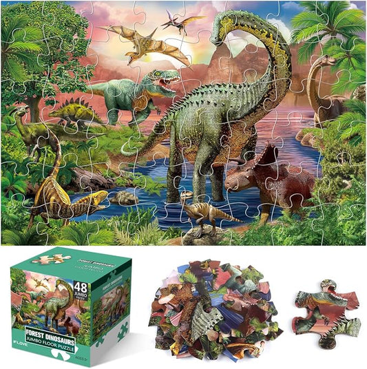 Jumbo Floor Puzzle for Kids,48 Piece Forest Dinosaur Jigsaw Puzzle Ages 3-8 | Thick Cardboard Forest Dinosaur Puzzle for Preschool Learning,Toddlers Ages 3-8,35x24 in Completed,Gift for Boys and Girls