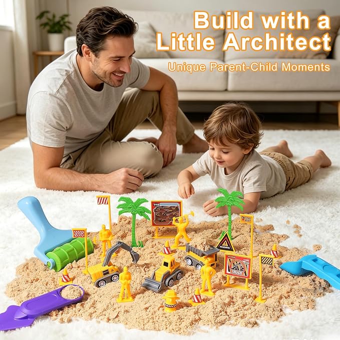 Construction Sensory Bin, 3.3lbs Sensory Sand, Play Sand for Kids 3+ | Sand Construction Site Kit, Construction Trucks, Traffic Signs, Worker Figures, Pretend Play Sand Toys for Boys Ages 3+