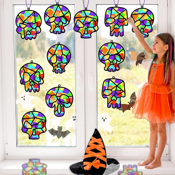 Lonfliness 32 Sets Sugar Skull Suncatchers Crafts Kit DIY Day of The Dead Window Stained Glass Effect Paper Halloween Dia de Los Muertos Easter Art Craft Creative Activity Project Gift Favor