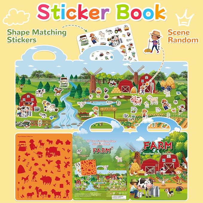 Reusable Sticker Book for Toddlers 3-6, Jelly Stickers for Kids, Sticker Activity Book Travel Toys, Car & Airplane, Educational Learning Gifts for Boys and Girls Ages (Farm Theme)