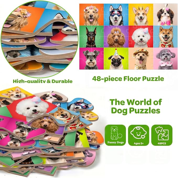 Jumbo Floor Puzzles for Kids Ages 3-5, 48 Piece Large Funny Dog Jigsaw Puzzles, Learning Educational Toys for Toddlers Ages 4-6 Preschool Educational Toys Gifts for Boys and Girls