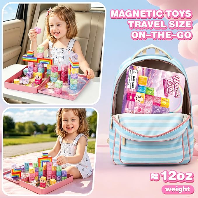 Mini Magnetic Blocks Travel Set with Magnetic Case-52 PCS Magnet Building Cubes Unicorn Toys for Kids 3-5, Toddler Travel Toys Airplane Essentials, STEM Montessori Toys Christmas Stocking Stuffers