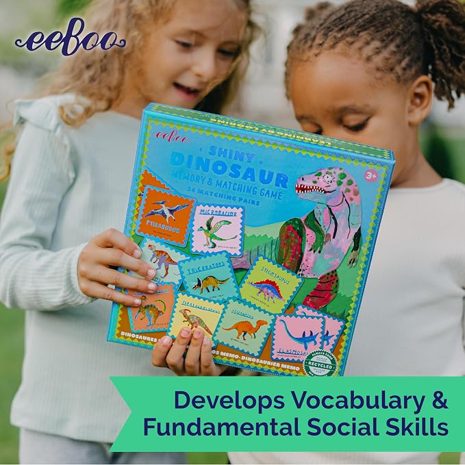 eeBoo Shiny Dinosaur Memory & Matching Game, Ages 3+, 1-4 Players | Teaches dinosaur names & pronunciation. Sharpens recognition, concentration & memory skills. Includes 48 foil tiles, 24 pairs