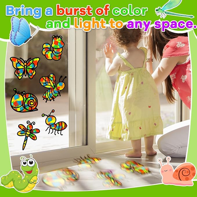 Lonfliness 32 Sets Spring Bug Suncatchers Craft Kit DIY Insect Window Stained Glass Effect Paper Butterfly Bee Home School Classroom Decoration Summer Art Creative Activity Project Gift Favor