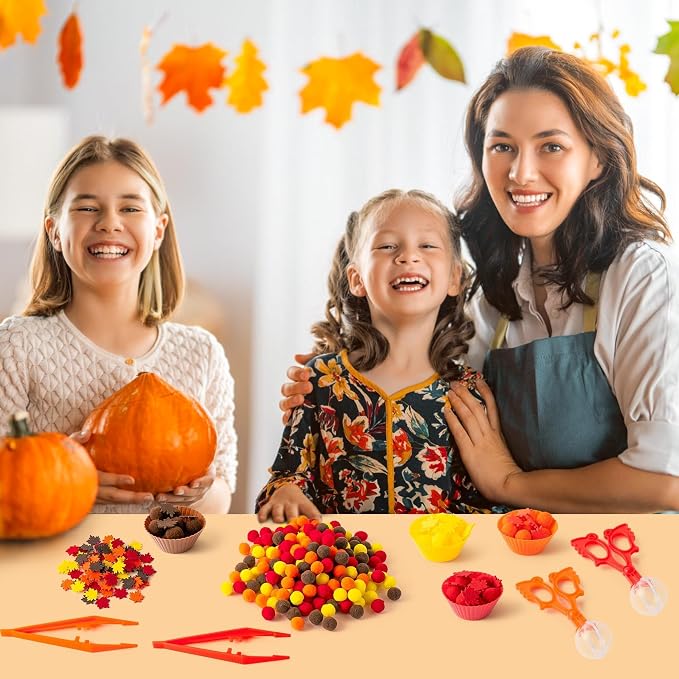EZdhuawuse Fall Sensory Bin Fillers - 294P Fall Thanksgiving Fine Motor Toys Counting Sorting Set for Kids Autumn Counting Toy with Felt Maple Leaf Pom Poms Cup Clip for Preschool Education Activities