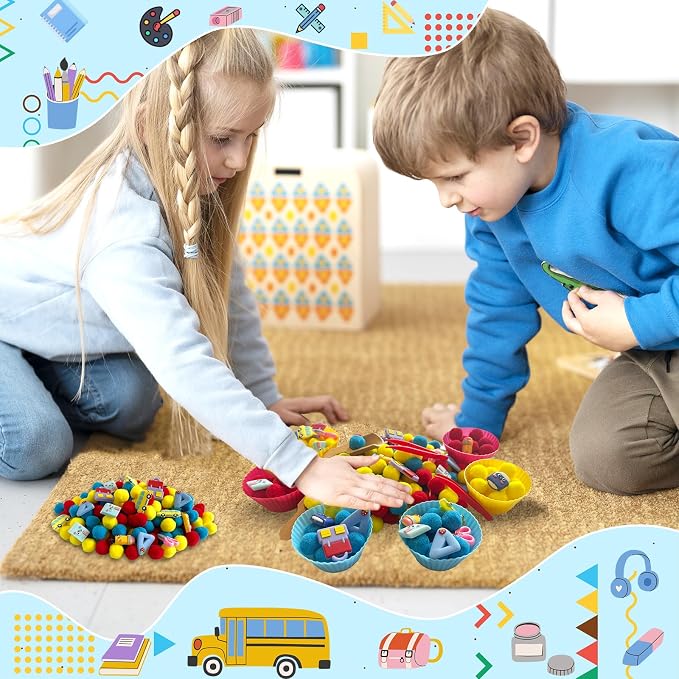 154Pcs Back to School Sensory Bin Filler Fine Motor Toys Stationery Sensory Bin Items Counting Sorting Toy for Preschool Education Activities Include Pom Poms Pen Scissors Notebooks Cup
