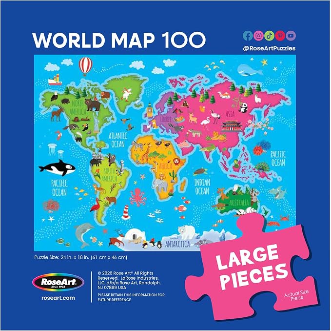 RoseArt Map of The World Puzzle for Kids - 100 Piece Jigsaw Puzzle, 18" x 24" - Educational, Colorful World Map with Animals, Oceans - Made in USA - Learning Toy for Ages 6+