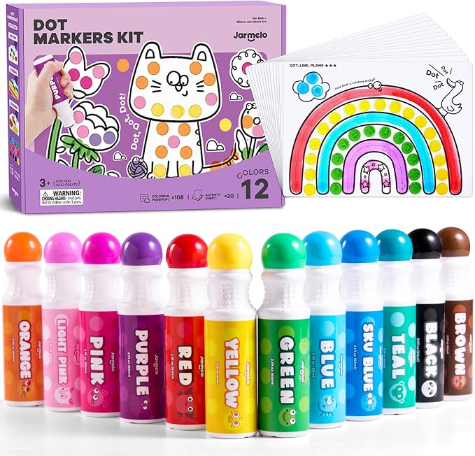 Jar Melo Washable Dot Markers for Toddlers, 12 Colors, Large 60ML | Dot Paints with 120+ Printed Coloring PDF & 20 Activity Papers, Non-Toxic Bingo Markers for Kids Arts and Crafts Gifts