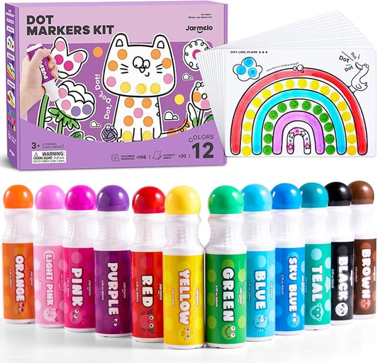Jar Melo Washable Dot Markers for Toddlers, 12 Colors, Large 60ML | Dot Paints with 120+ Printed Coloring PDF & 20 Activity Papers, Non-Toxic Bingo Markers for Kids Arts and Crafts Gifts