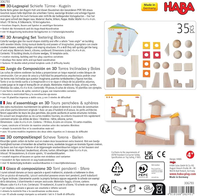 HABA Wooden Blocks Set Teetering Towers with Pattern Cards, Wood Block Set for Ages 4-8 for Fine Motor Skills, Made in Germany Creative Stacking Toy