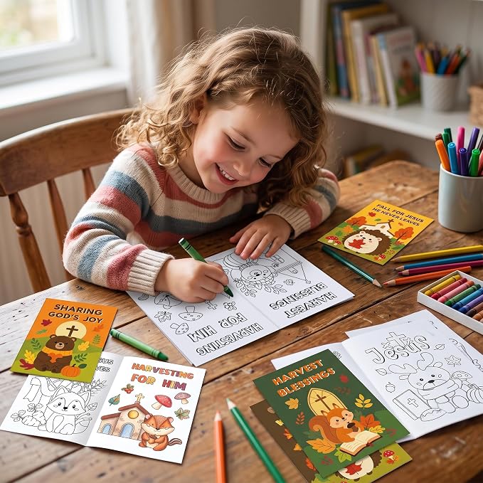 Dvbonike 24Pcs Fall Religious Animals Coloring Books DIY Color-in Pages | Autumn Party Favor, Christian Activity, Drawing Booklet Bulk, Sunday School Supplies, Classroom Rewards, Thanksgiving Gift