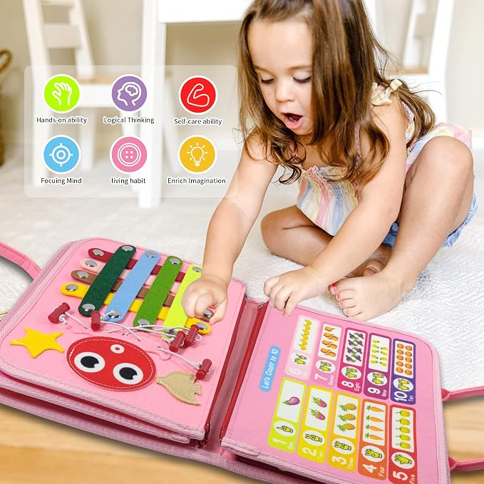 LearnToy Montessori Busy Board for Girls 3 4 5 Year | Sensory Toys for Toddlers 3-6, Ideal for Travel and Preschool - ABCs, 123s, Colors, Animals, Weather, Birthday Gifts-DE