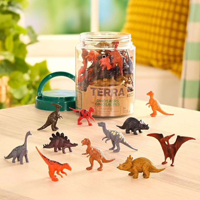 Terra by Battat Dinosaur Figures Tube, 60 Mini Plastic Dino Animals, Tubes | 60-piece mini dinosaur figures in a portable tube with 12 assorted dinosaur styles for play, collecting, crafts, 3+ Years