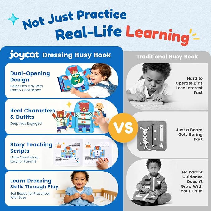 JoyCat Dressing Busy Book for Toddlers 2-4,Montessori Travel Toys | Seven real dressing activities provide buckle, zipper, button and tying practice in a portable travel busy book