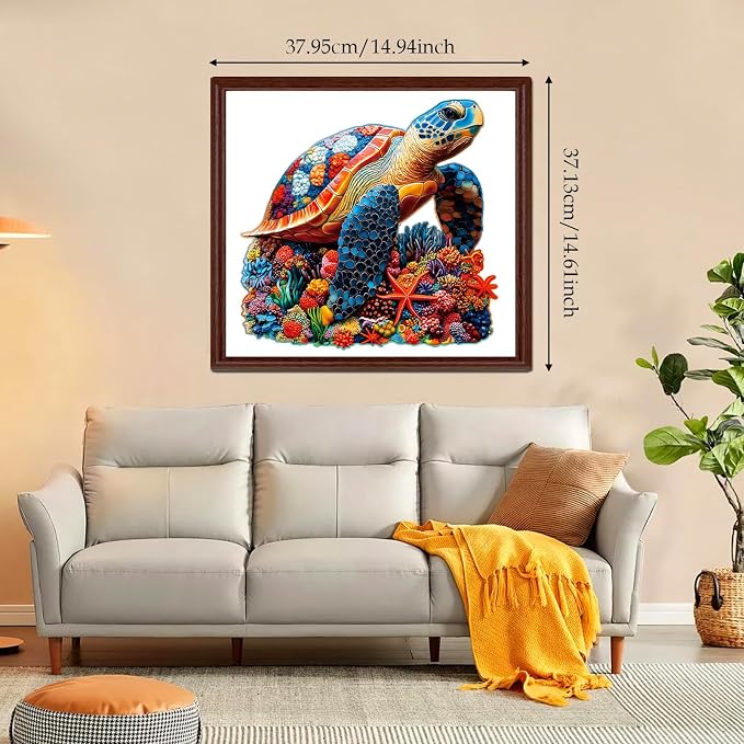 Wooden Puzzles for Adults, Coral Sea Turtle Jigsaw Puzzles for Adults, 300 Piece Unique Animal Shaped Wood Cut Puzzles, Fun Challenging Turtle Puzzles Gift for Family Game Night Home Decor 14.6*15in