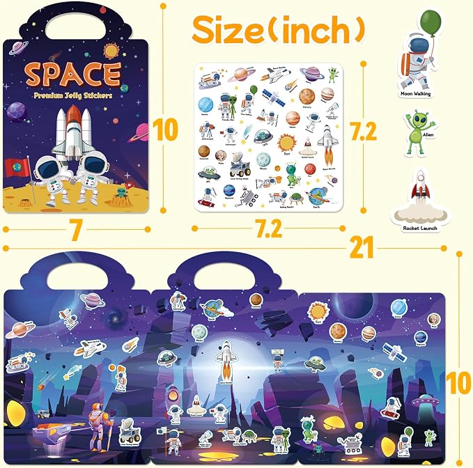 Reusable Sticker Book for Toddlers 3-6, Jelly Stickers for Kids, Sticker Activity Book Travel Toys for Car & Airplane, Educational Learning Gifts for Boys and Girls (Space Theme)