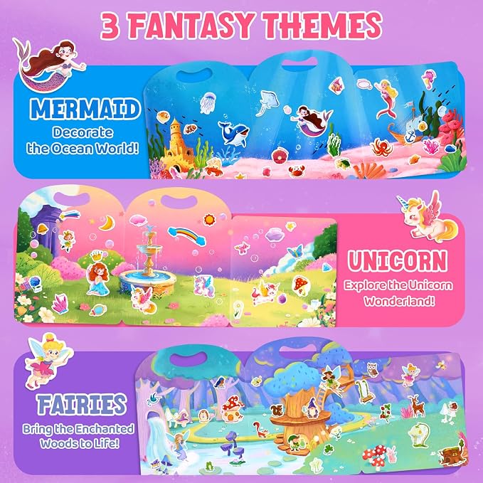 JoyCat Reusable Sticker Book Set for Kids, 3-Pack, Unicorn Fairy Mermaid | 90 washable stickers, kids car activities, road trip toy, party favors, toddler girl birthday gift, preschool creative play