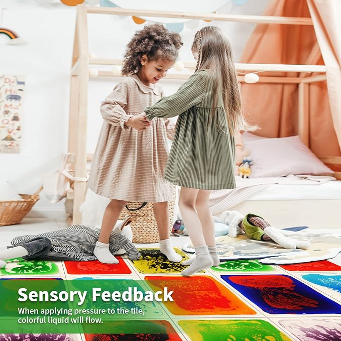 LONGKING 9 Pack 12" X 12" Sensory Tiles for Activity Play Centers for Children, Sensory Floor Tiles, Liquid Floor Tiles, Autism Sensory Poducts | Sensory floor tiles, soft liquid gel, 12"x12", color movement play mat, playroom classroom daycare, 9-pack