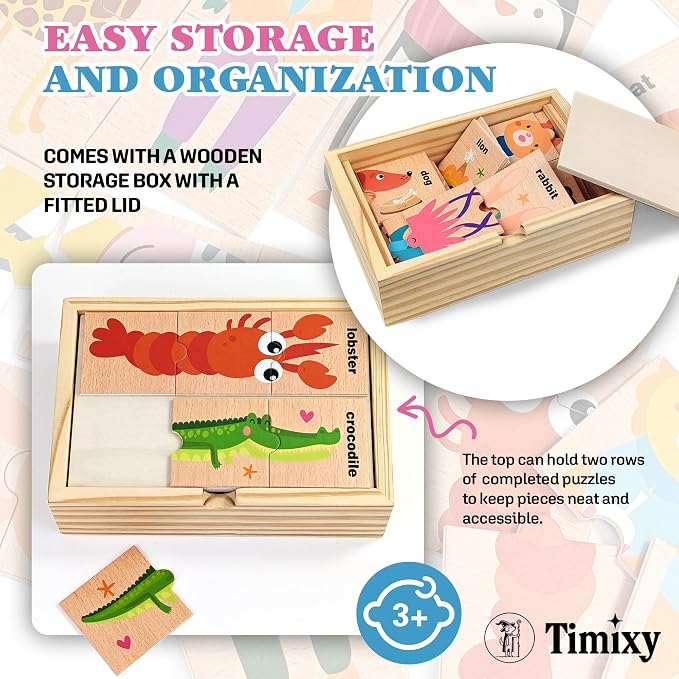 Montessori Wooden Animal Puzzle Toy Ages 3+, 48pc Matching Game with Box