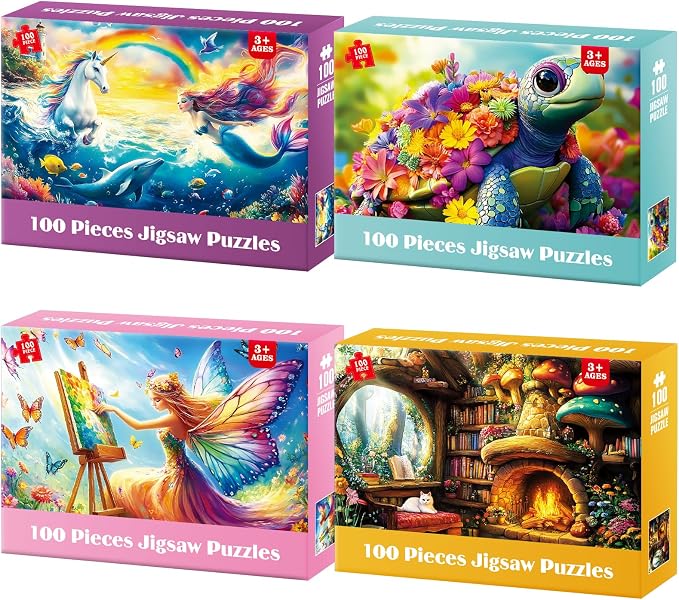 4 Packs 100 Piece Puzzles for Kids Ages 6-8 8-10, Fantasy Mermaid Unicorn Puzzle for Girls 4-6 Years Old Educational 100 Piece Large Jigsaw Puzzles, Kids Puzzles 4-6 Toys Gifts for Girls Boys