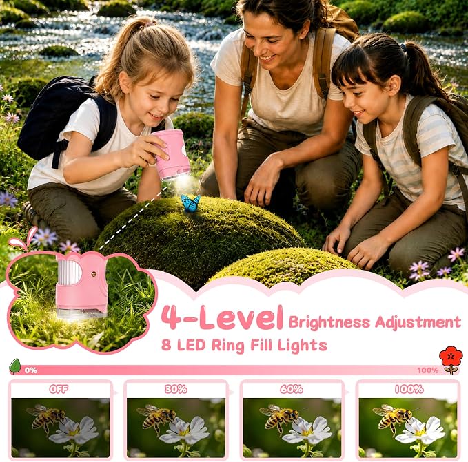 SEEKID Microscope for Kids 200-1000X, STEM Toy Science Kit for Kid(Pink) | Handheld Digital Microscope, 2" IPS Screen, 4K HD Camera 200+ Photo Storage for Girls Boys Child Birthday Gifts