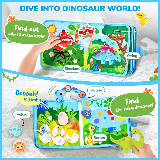 JoyCat Dinosaur Busy Book for Toddlers 2-5, Montessori Quiet Activity Toy | Dinosaur busy book with life skills activities helps toddlers practice fine motor skills and enjoy quiet travel play.