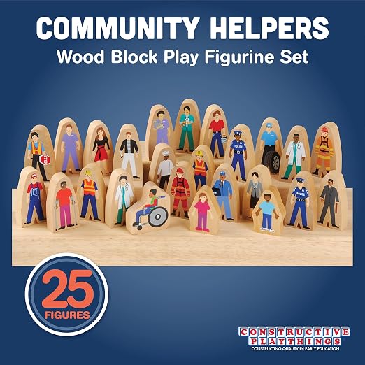 Constructive Playthings Wooden Community Helpers, Set of 25 | 25-Piece Wood Block Play Figurine Set, Freestanding Inclusive and Diverse Wood Toy Figures for Kids Ages 3+