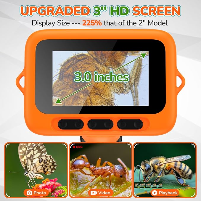 Kids Digital Microscope with 3-Inch Screen: STEM Toy Science Gift Ages 4-12 | 32GB Card, 1000X Zoom, Rechargeable, Photo/Video, Connect to PC, 8 LEDs, 6 Brightness Levels, One-Touch Capture