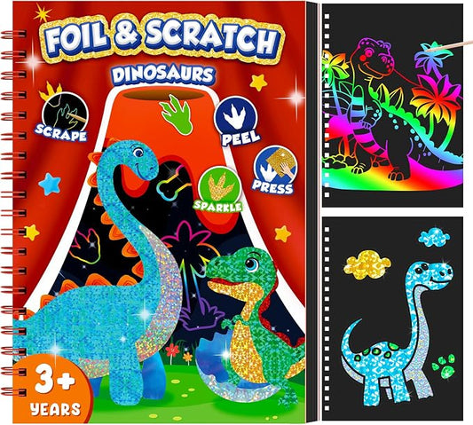homicozy Art & Craft Activity for Kids - Foil Fun Dinosaurs & Scratch Art Book 2-in-1, No Mess Art Crafts for boys,DIY Creative Activity Kit,Gifts for Boys and Girls Ages 4, 5, 6, 7, 8, 9, Travel Toys
