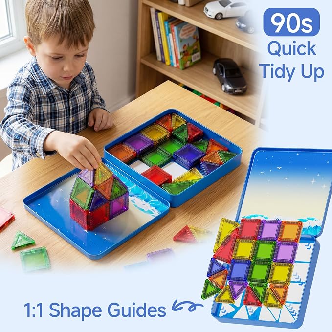 WMXDU Mini Magnetic Building Set: Keep Boys Quiet 60 Mins on Road Trips | 300+ Combos, 90+ Min Crash-Tested Fun for Active Boys. Magnets Lift 7 Tiles, No Fall. Tin Box Shape Guide, Quick Clean
