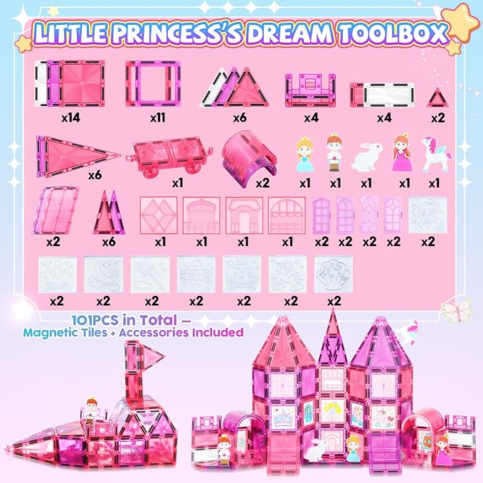 Magnetic Tiles 101PCS Pink Princess Car STEM Toy 3-8 | 101‑piece magnetic princess set with car. STEM toy for creative 3D building. Great gift for ages 3‑8.