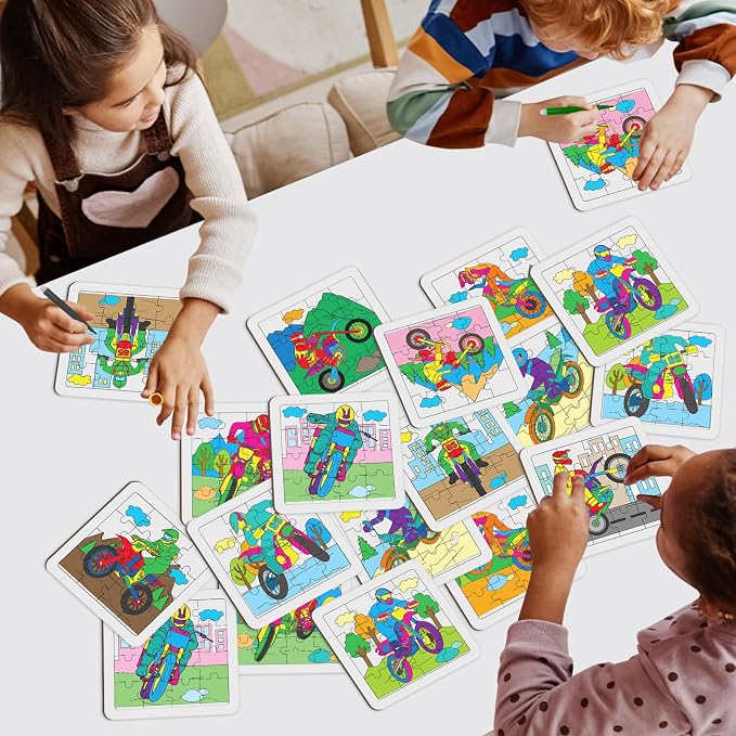 Cinrobiye 24 PCS Dirt Bike Coloring Jigsaw Craft Kit for Kids, DIY Motocross Activity Set Bulk with 12 Designs, Off-Road Motorcycle Birthday Party Favors, Classroom Art Projects