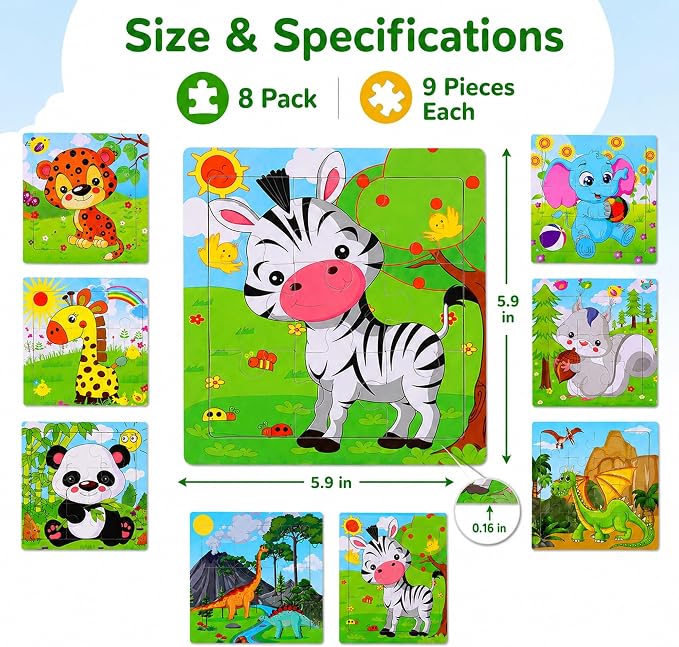 NASHRIO Wooden Puzzles for Toddlers Age 3-5, 8 Pack Animal and Dinosaur Jigsaw Puzzles, Preschool Educational Toys, Wooden Puzzle Set for Boys Girls Kids Age 3 4 5
