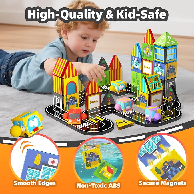 GobiDex 60PCS Mini Magnetic Tiles City Road Set with 4 Cars | Travel Magnetic Blocks Building Toys for Boys & Girls Ages 3+, Montessori Educational Birthday Gifts