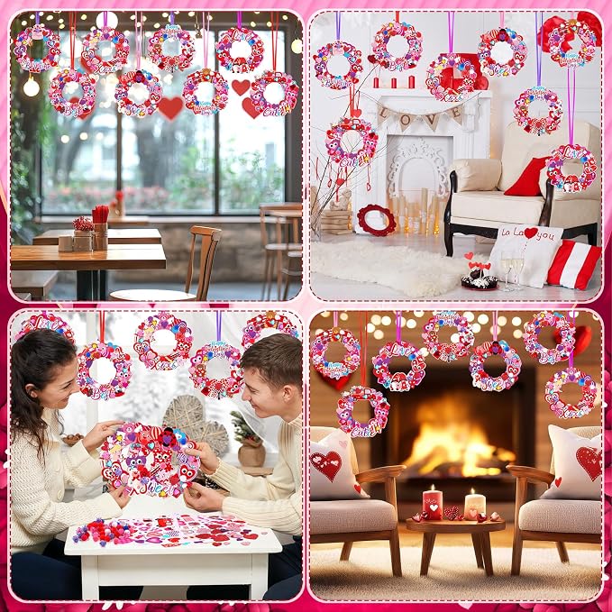 Hollowfly 48 Sets Valentine DIY Heart Wreath Craft Kits for Kids Activities | 8 Cute Valentine Heart Themed Designs, Good for Valentine Wall Decor, Kids Valentines Art Projects & Classroom Party Favors