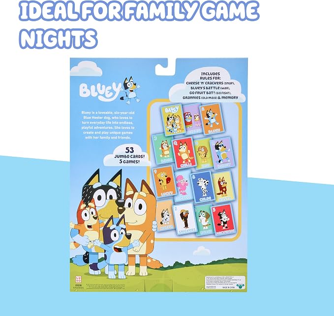 Bluey 5-in-1 Card Game Set, Jumbo-Sized 53-Deck Toddler Game, Multi-Color Interactive Play Card Games for Kids of Ages 3+ | Play Snap, Battle, Go Fish, Old Maid & Memory; jumbo-sized family card game for kids ages 3+