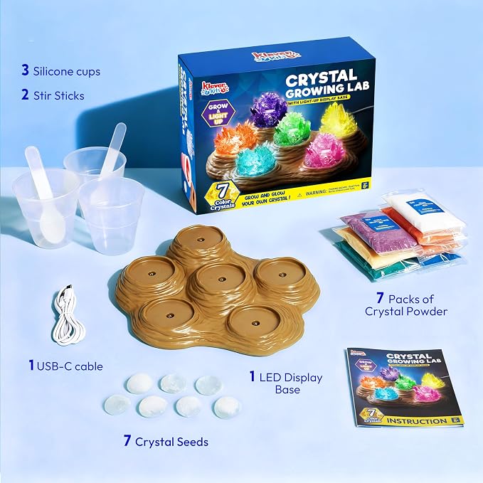JOVA Klever Kits Crystal Growing Lab- 7 Color Crystal Growing Kit with Light-Up Base, Educational Toys Birthday Gift for Boys and Girls, Science Kits for Kids Ages 8-12